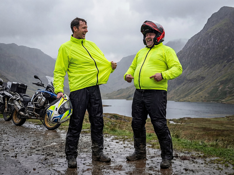 Guys wearing different sized waterproofs